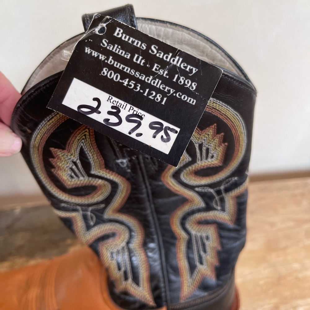 ARIAT COWBOY BOOTS Black Brown Embroidered Leather Mens Boys 5.5B NEW Retail$240 - Picture 3 of 14